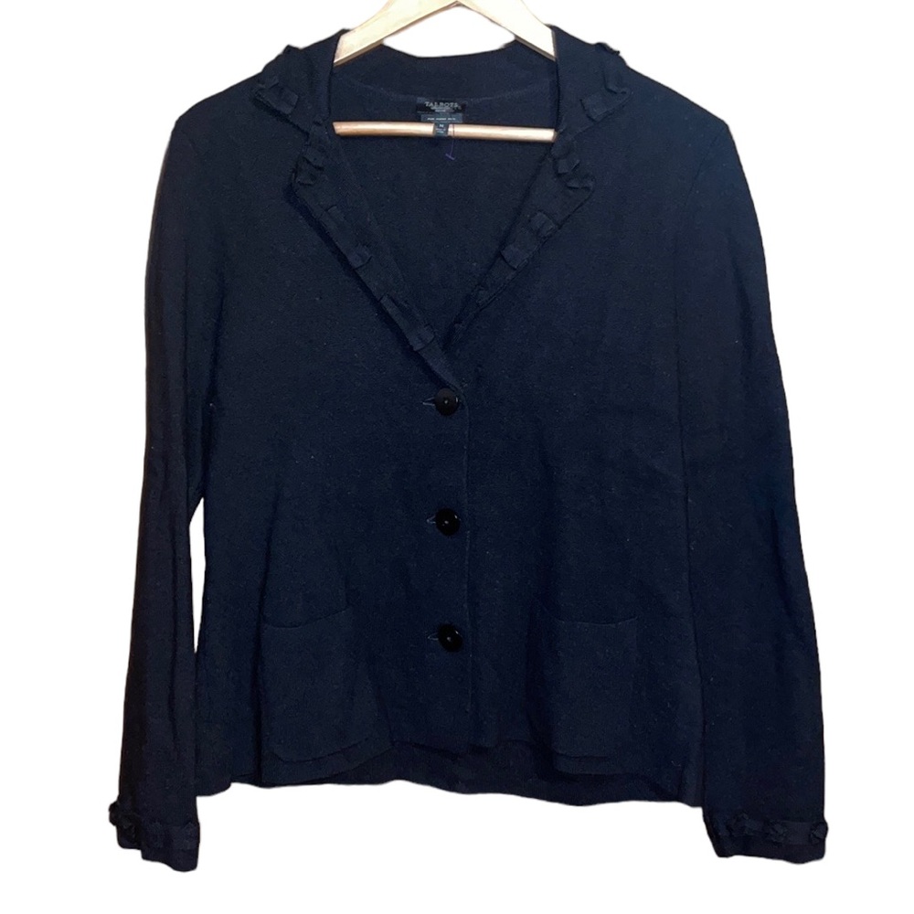 •TALBOTS•100% PURE MERINO WOOL BLACK RUFFLE TRIM 3-BUTTON CARDIGAN SWEATER MED